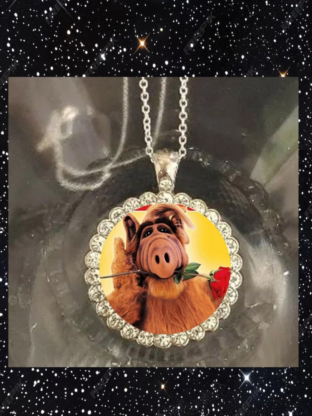 retro Alf Tv show silver necklace 925 silver Bling rhinestones nice
